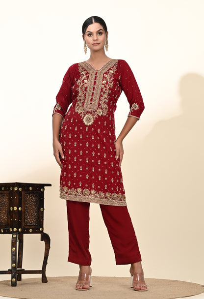 Elegant Maroon Red Kurta Set with Rich Zardozi Embroidery