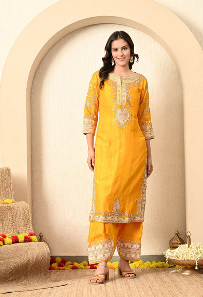 Saffron Yellow Kurta Set with Zardozi, Tilla, and Dabka Work