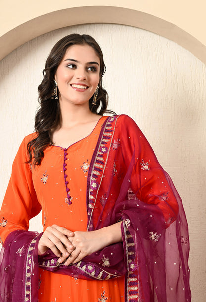 Orange Kurta Set with Zardozi, Sequence and Thread Work