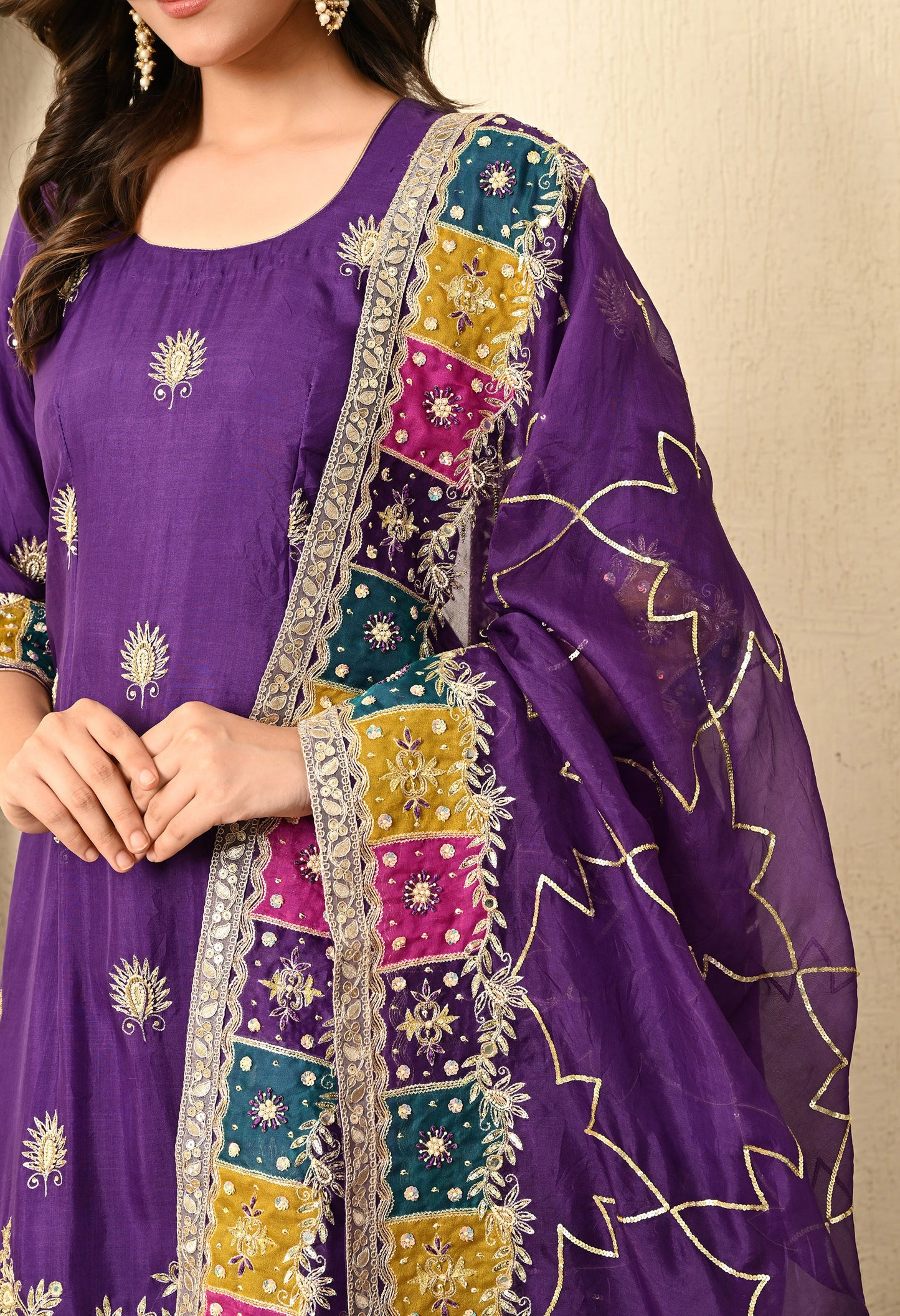 Bright Purple Kurta Set with Zardozi, Sequence, Cutdana, and Naqshi Work