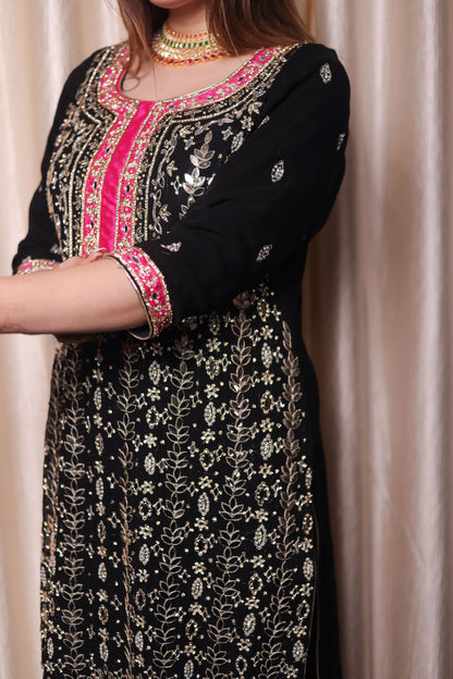 Stunning Black Kurta Set with Beautiful Zardozi, Applique, Leather, and Crystal Work