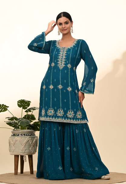 Striking Firozi Blue Georgette Sharara Set with Thread and Crystal Embroidery