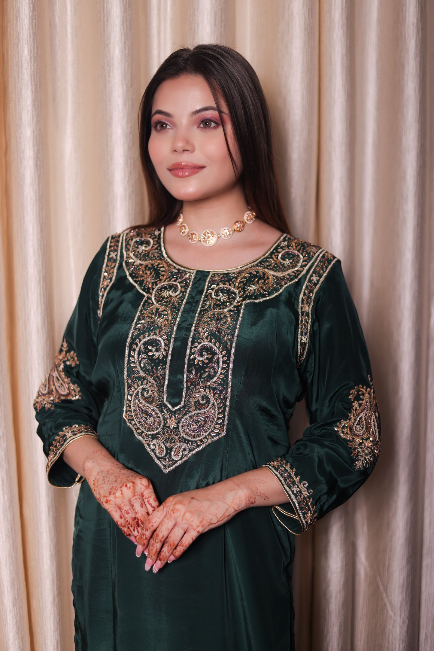 Mesmerising Bottle Green Kurta Set with Intricate Zardozi Work