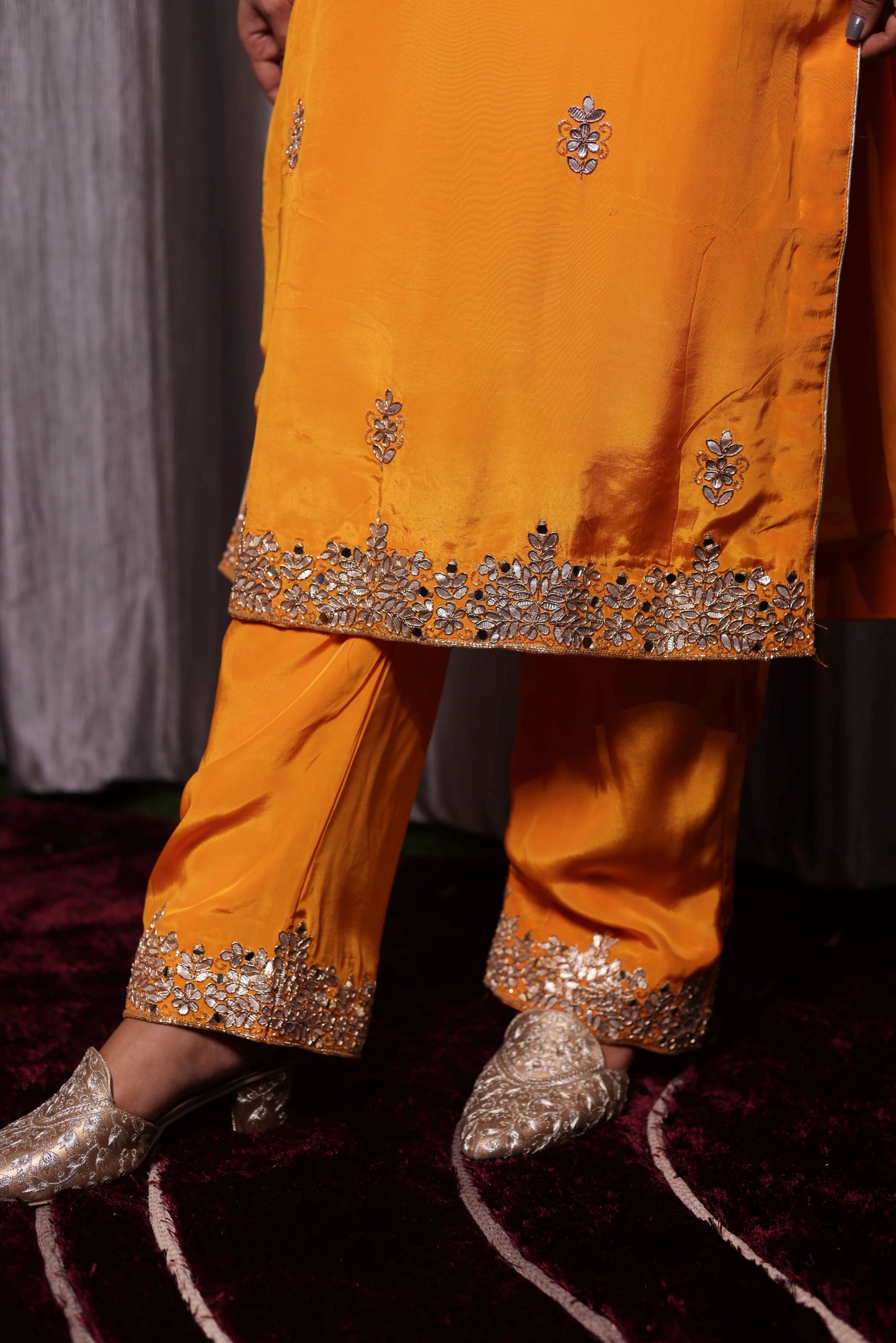 Bright Saffron Yellow Crepe Kurta Set with Zardozi and Gotta Embroidery