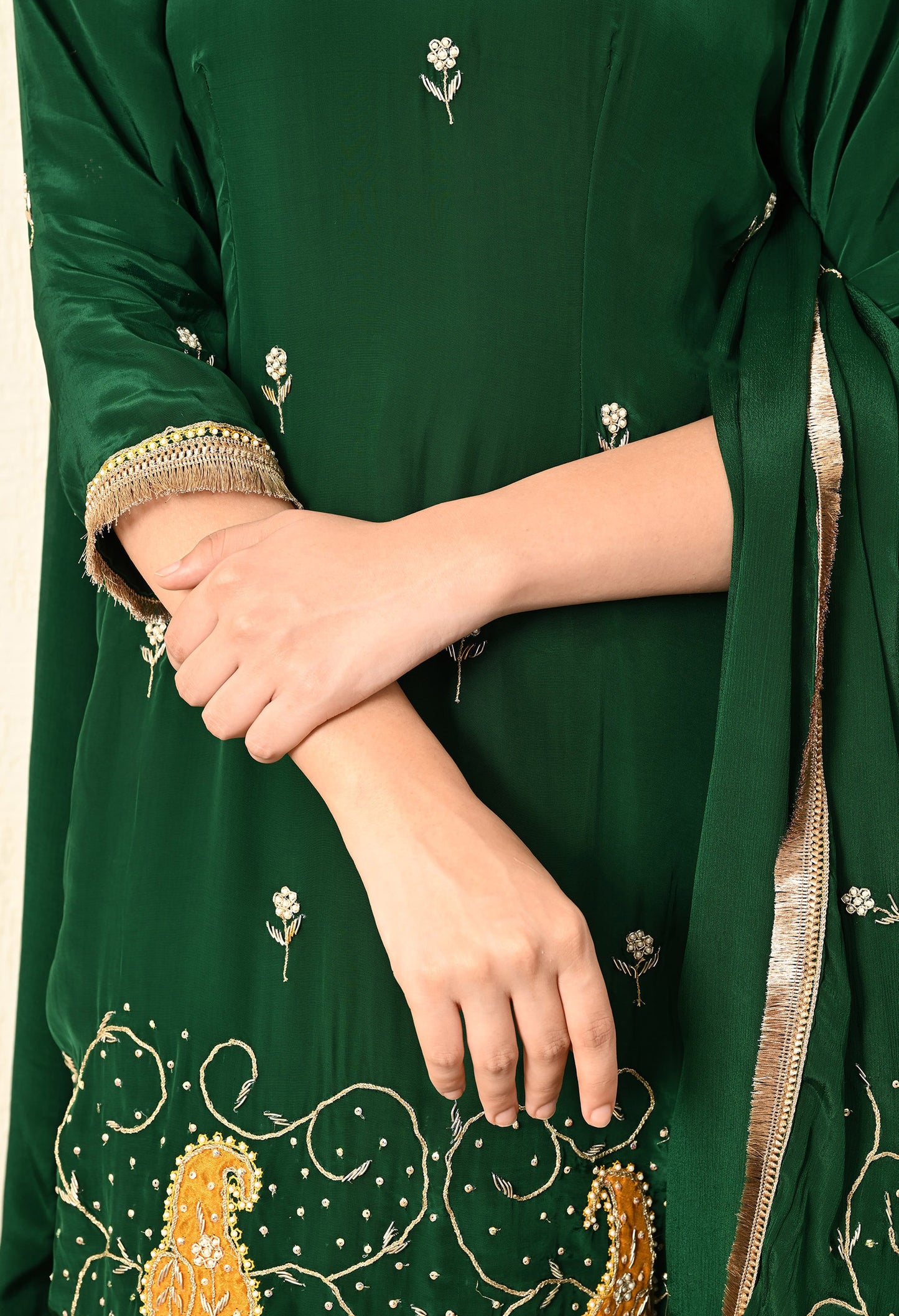 Bottle Green Kurta Set with Zardozi, Applique, and Sequence Work