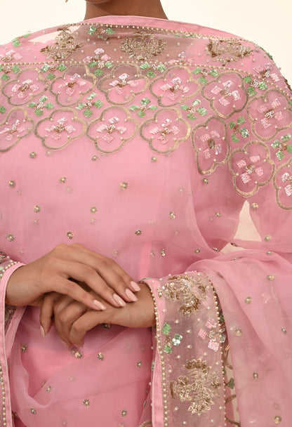 Elegant Onion Pink Organza Kurta Set with Sequence and Thread Embroidery