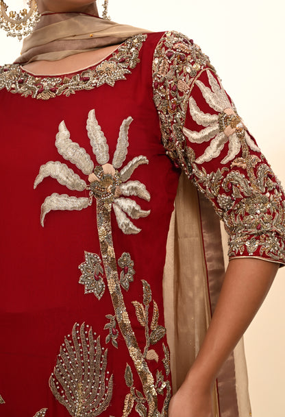 Rich Reddish Maroon Kurta Set with Zardozi Embroidery