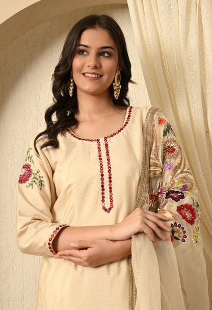 Dark Cream Kurta Set with Sequence and Thread Work