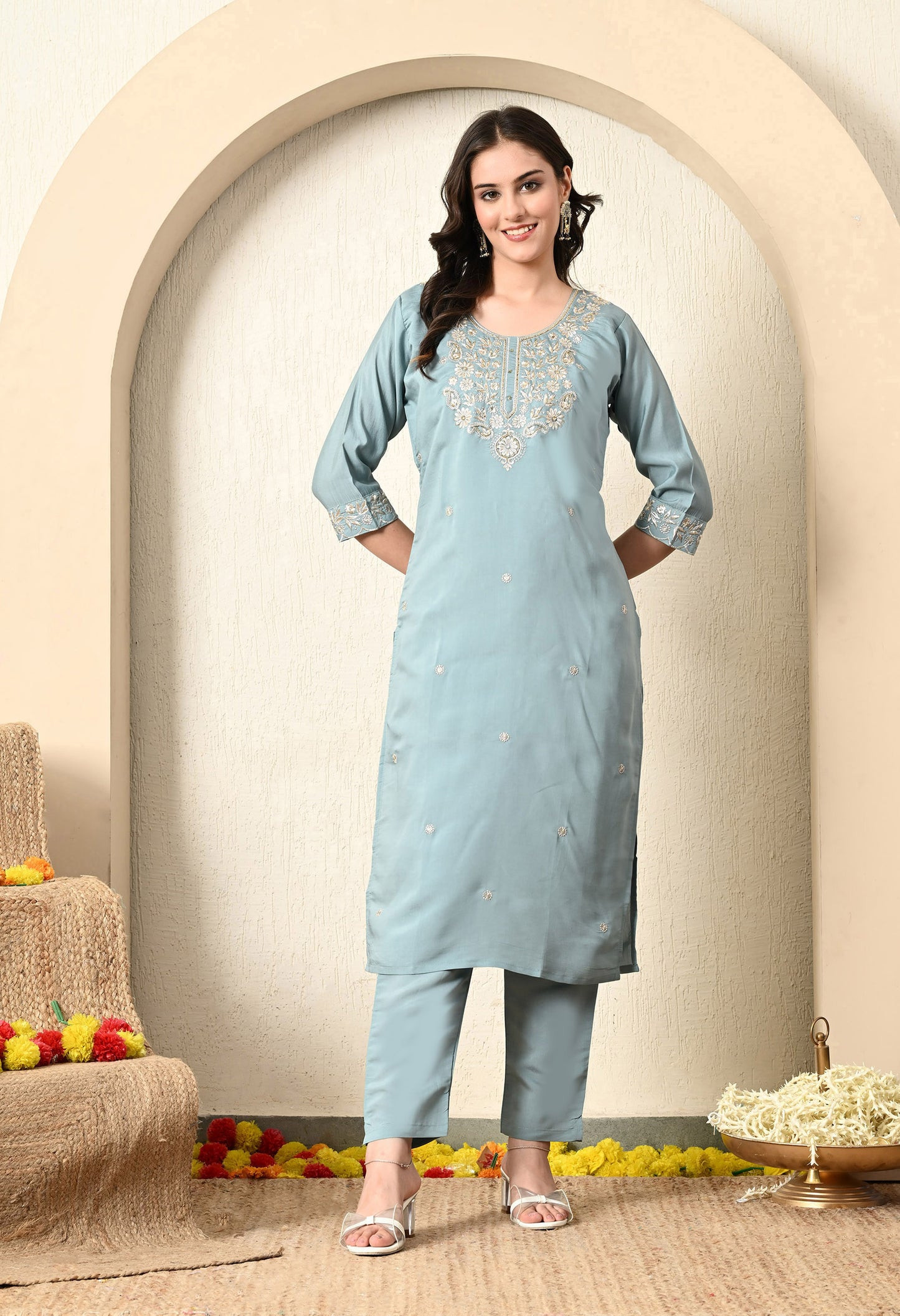 Greyish Blue Kurta Set with Zardozi and Zari work