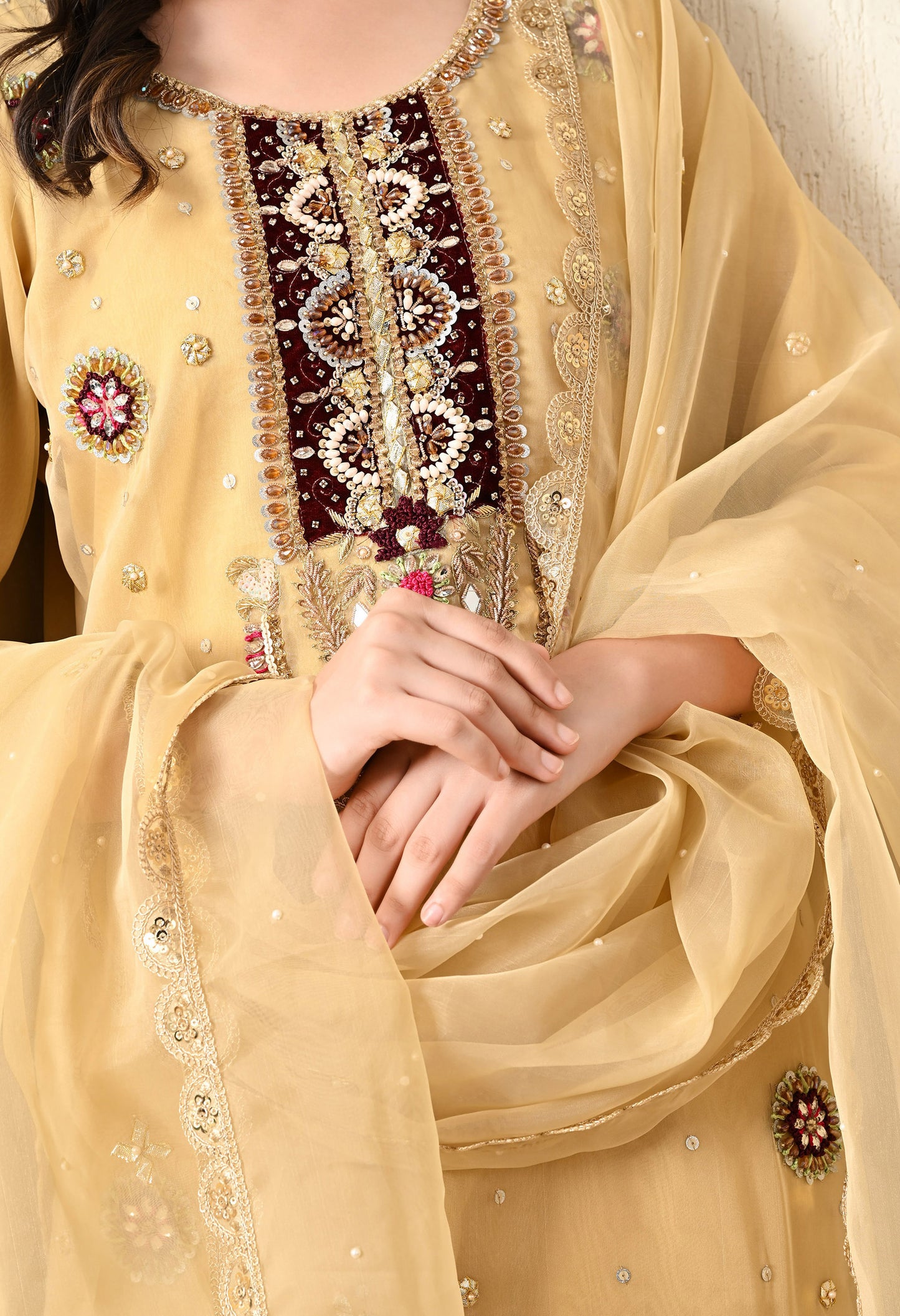 Golden Yellow Kurta Set with Zardozi, Thread, Pearl and Mirror Work