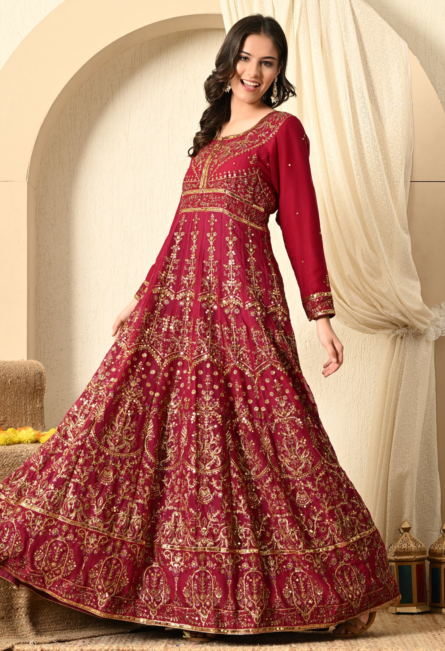 Hot Pink  Anarkali with Zardozi and Sequence Work