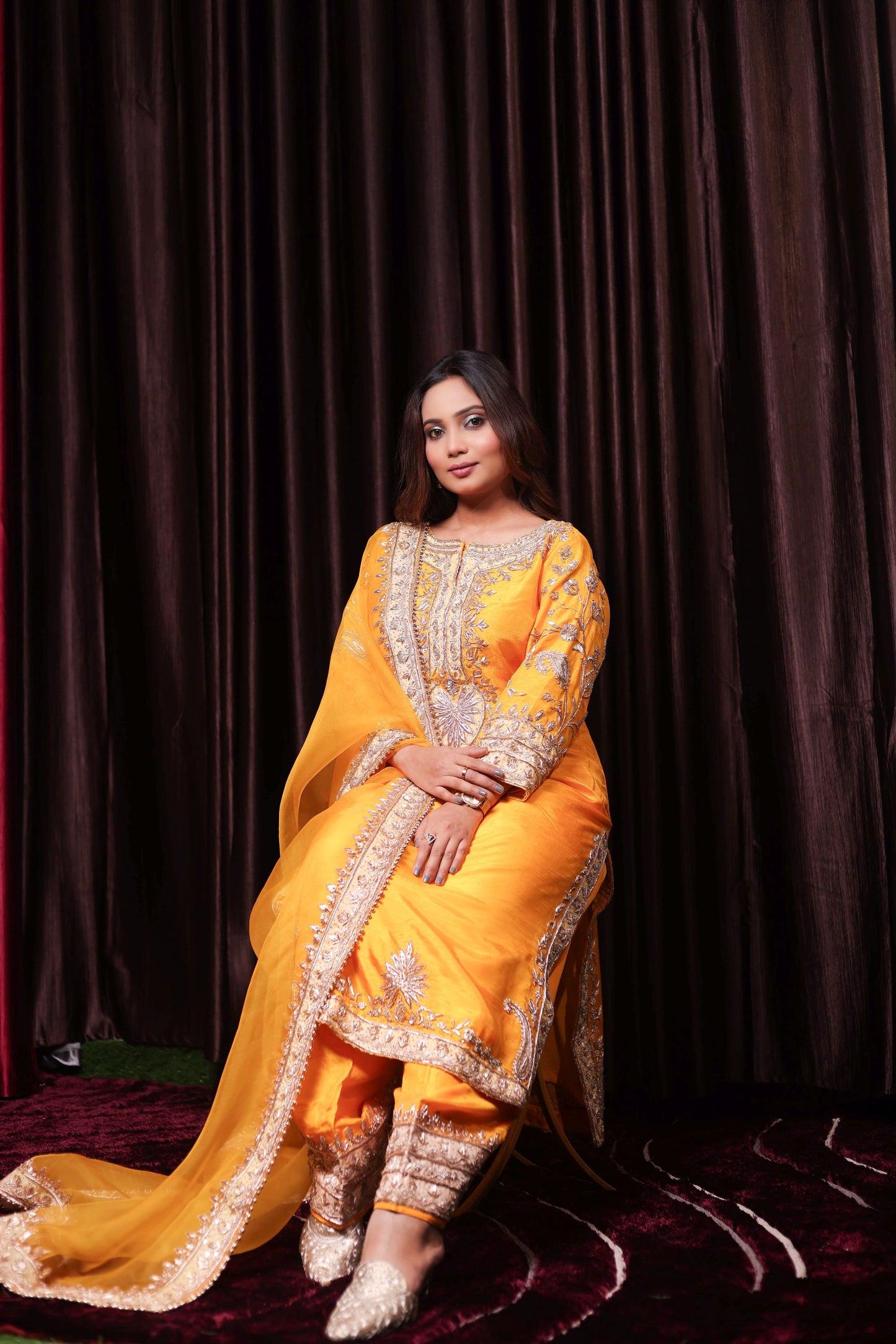 Elegant Saffron Yellow Silk Kurta Set with Intricate Embroidery