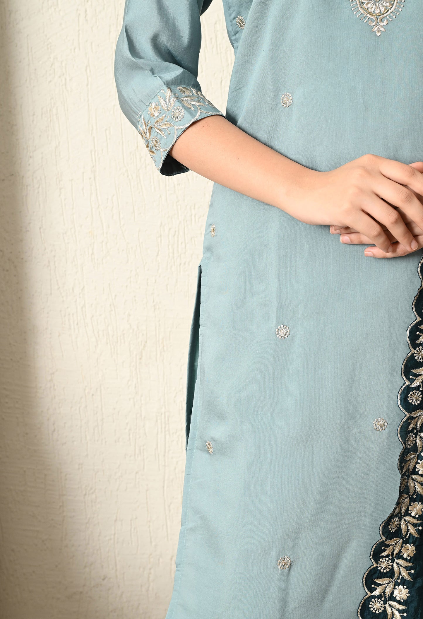 Greyish Blue Kurta Set with Zardozi and Zari work