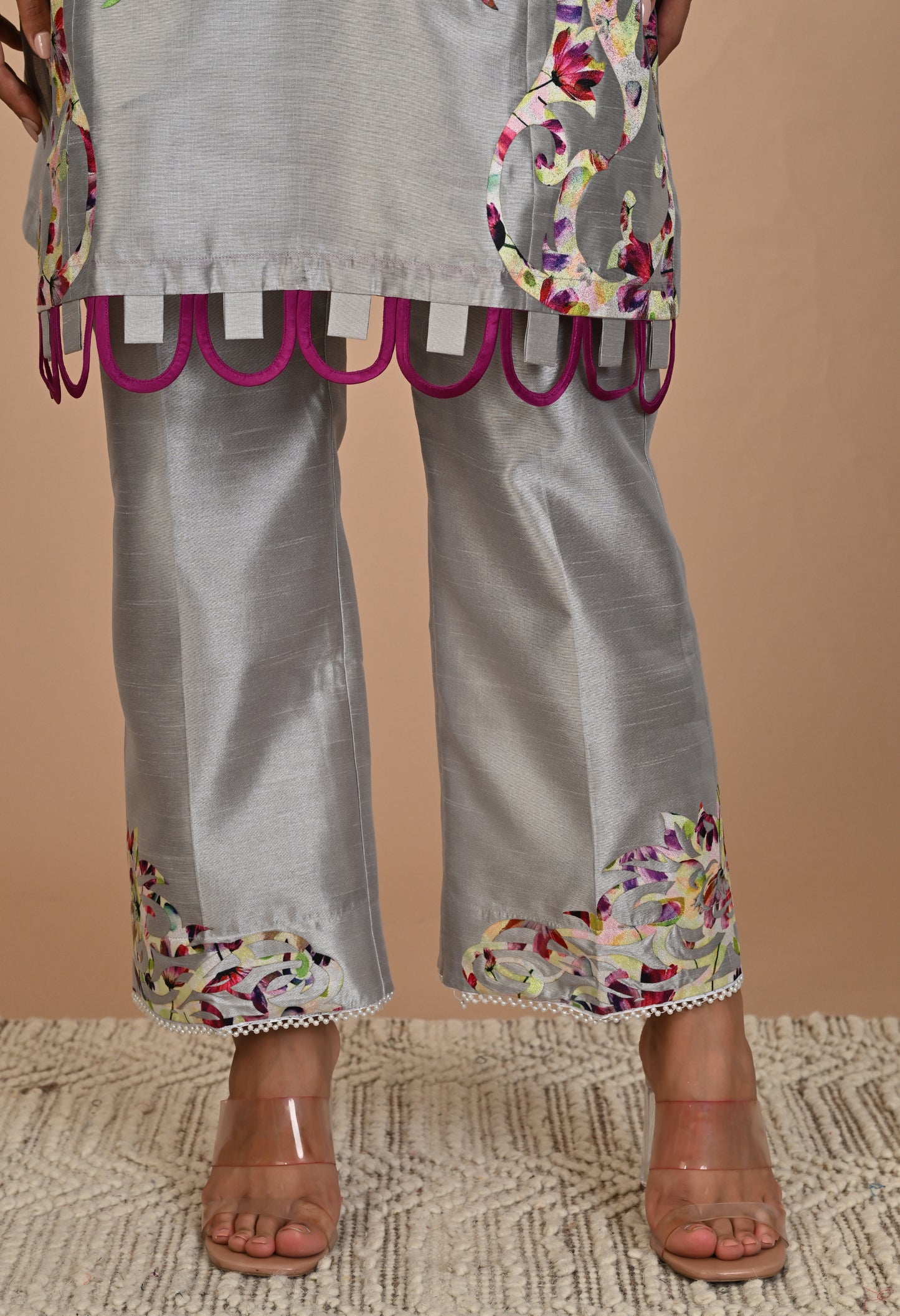 Sophisticated Grey Silk Kurta Set with Appliqué Work