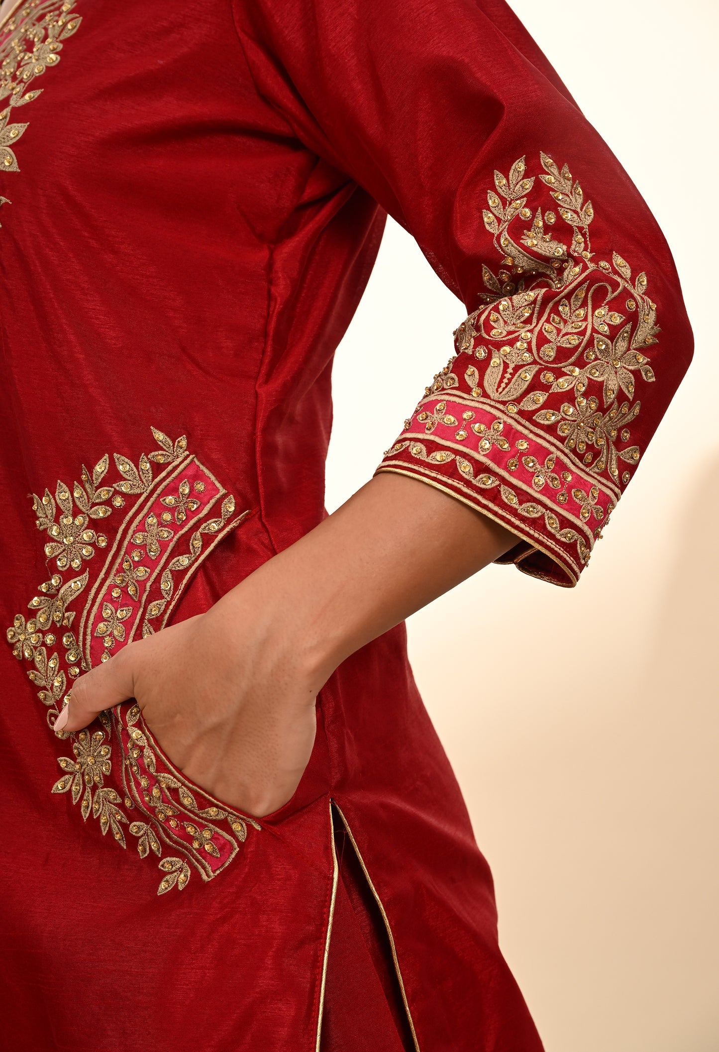 Deep Maroon Silk Kurta Set with Thread and Sequin Embroidery