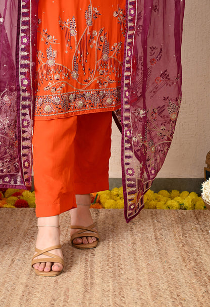 Orange Kurta Set with Zardozi, Sequence and Thread Work