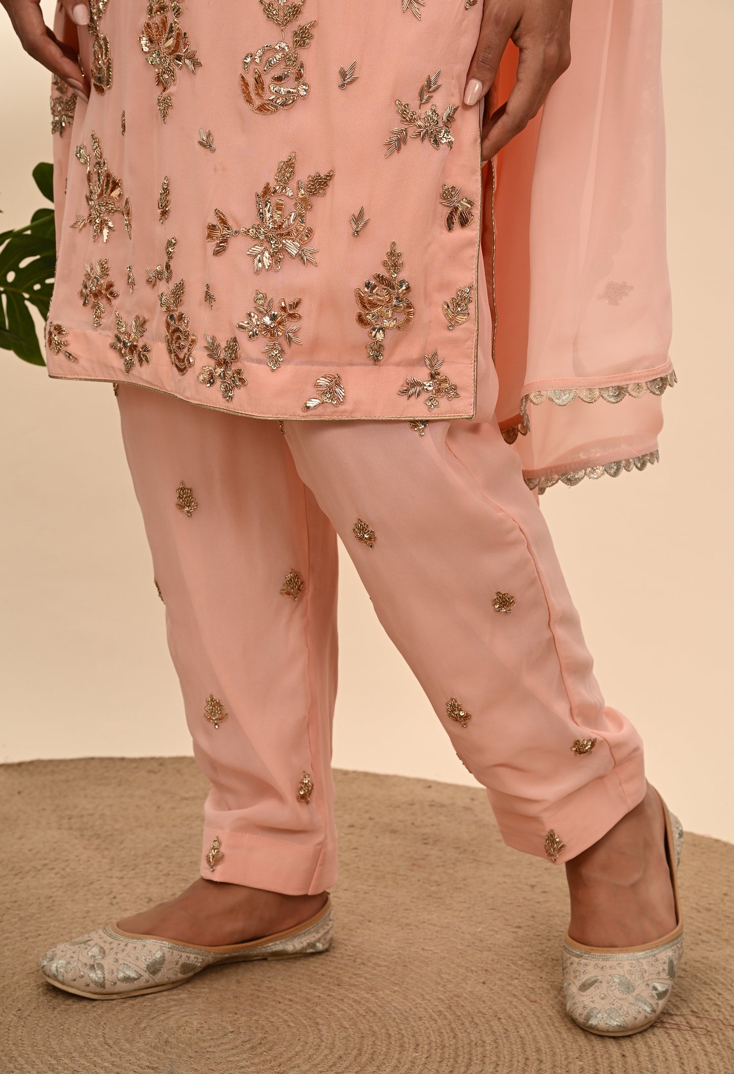 Soft Pink Peach Georgette Kurta Set with Mukaish and Zardozi Embroidery