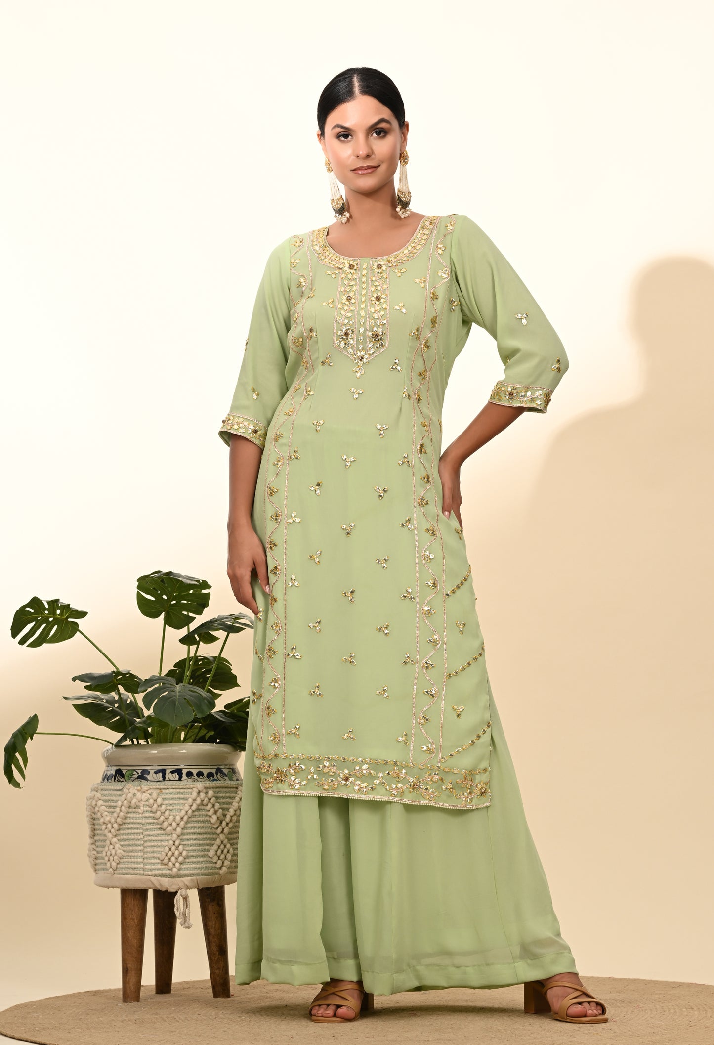 Regal Light Green Georgette Sharara Set with Zardozi Embroidery