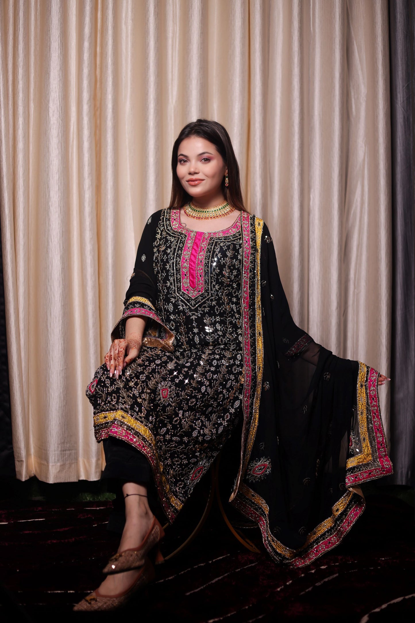 Stunning Black Kurta Set with Beautiful Zardozi, Applique, Leather, and Crystal Work