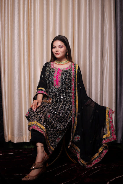 Stunning Black Kurta Set with Beautiful Zardozi, Applique, Leather, and Crystal Work