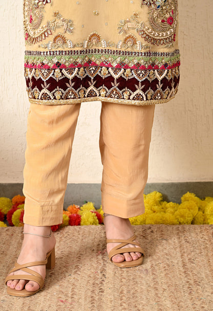 Golden Yellow Kurta Set with Zardozi, Thread, Pearl and Mirror Work