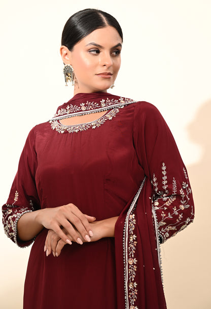 Rich Maroon Crepe Sharara Set with Thread and Sequin Embroidery