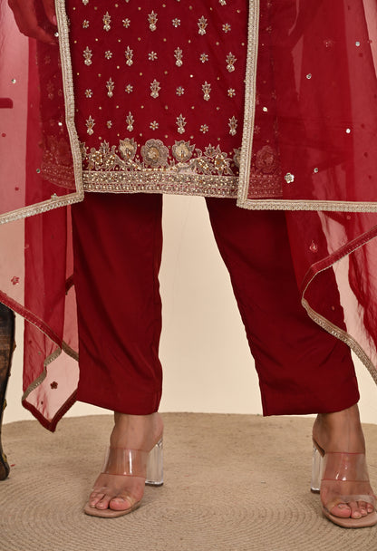 Elegant Maroon Red Kurta Set with Rich Zardozi Embroidery