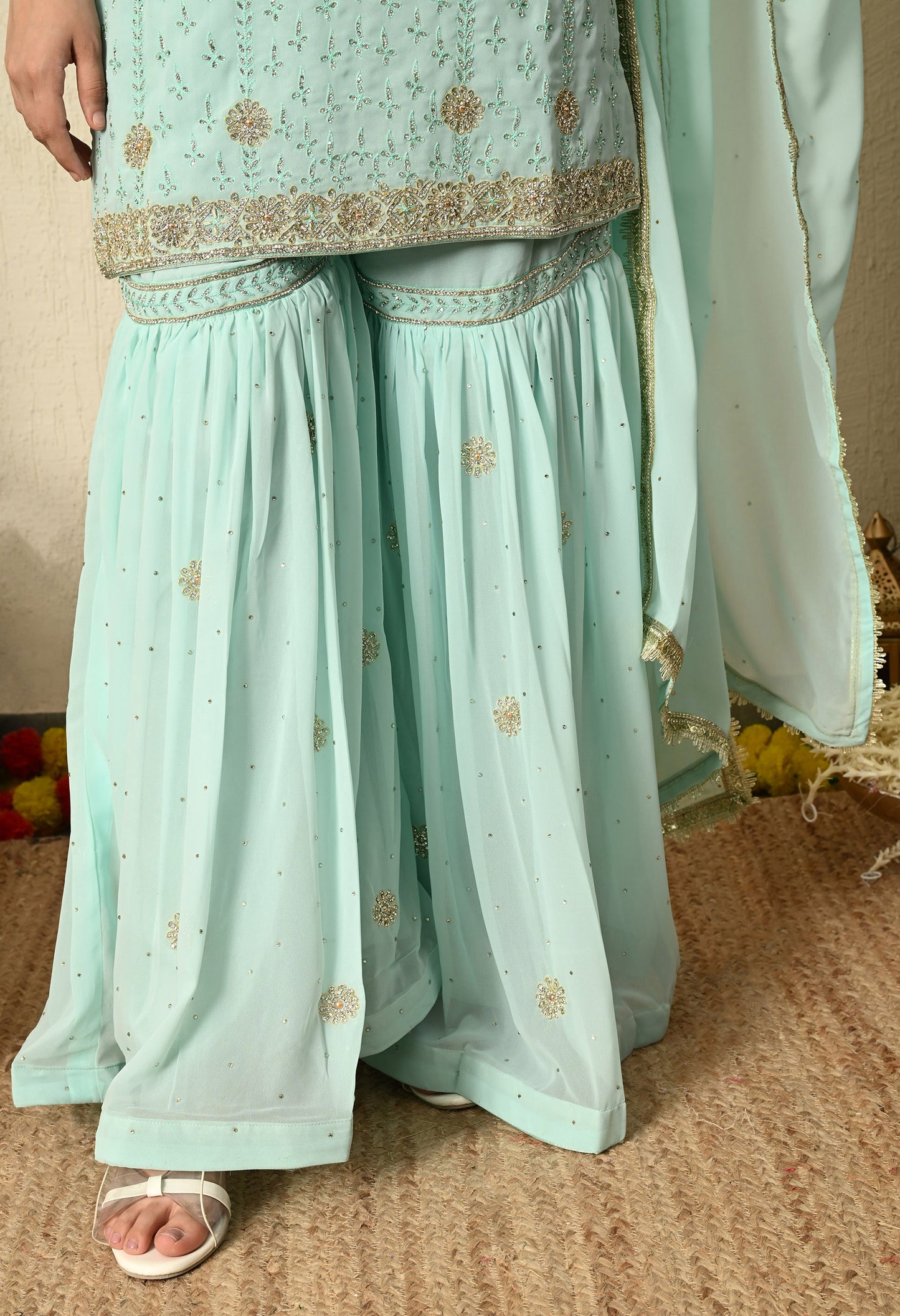 Light Green Sharara Set with Mesmerizing Thread and Crystal Work