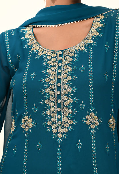 Striking Firozi Blue Georgette Sharara Set with Thread and Crystal Embroidery