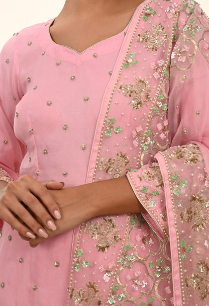 Elegant Onion Pink Organza Kurta Set with Sequence and Thread Embroidery