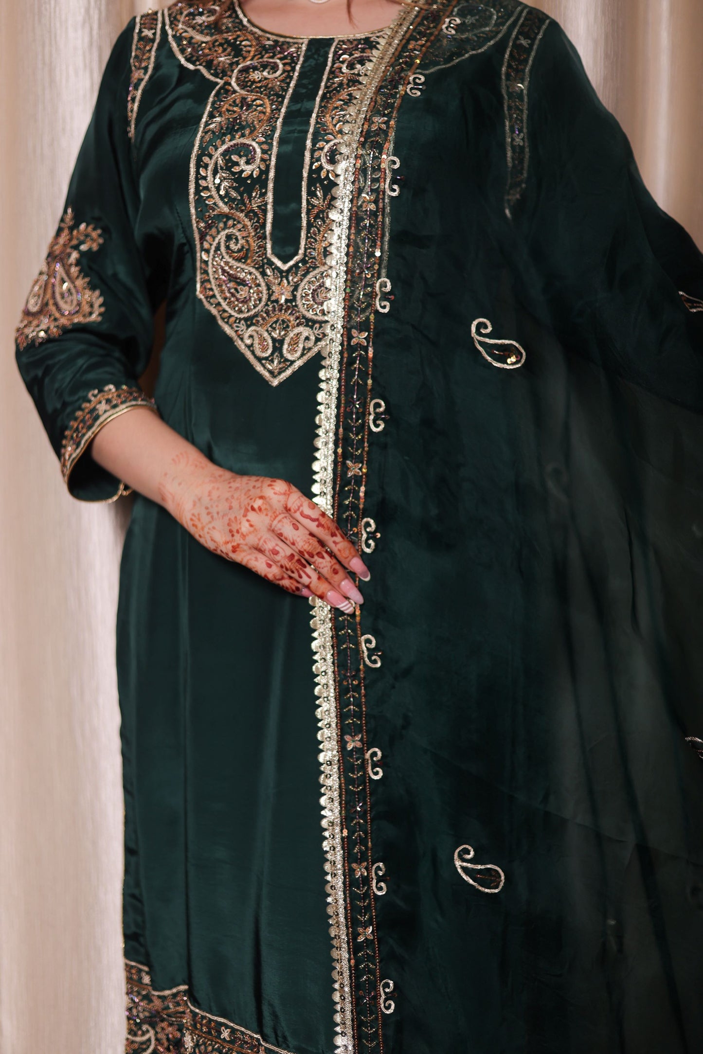 Mesmerising Bottle Green Kurta Set with Intricate Zardozi Work