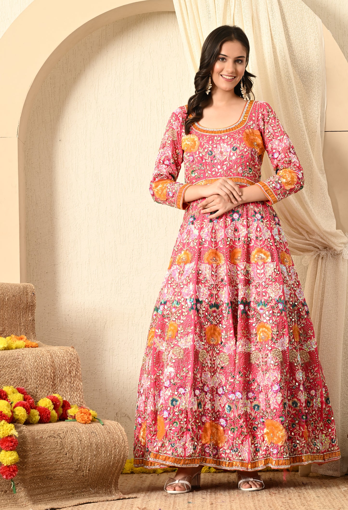 Dark Pink Anarkali with Zardozi, Sippy, Sequence, and Mirror Work