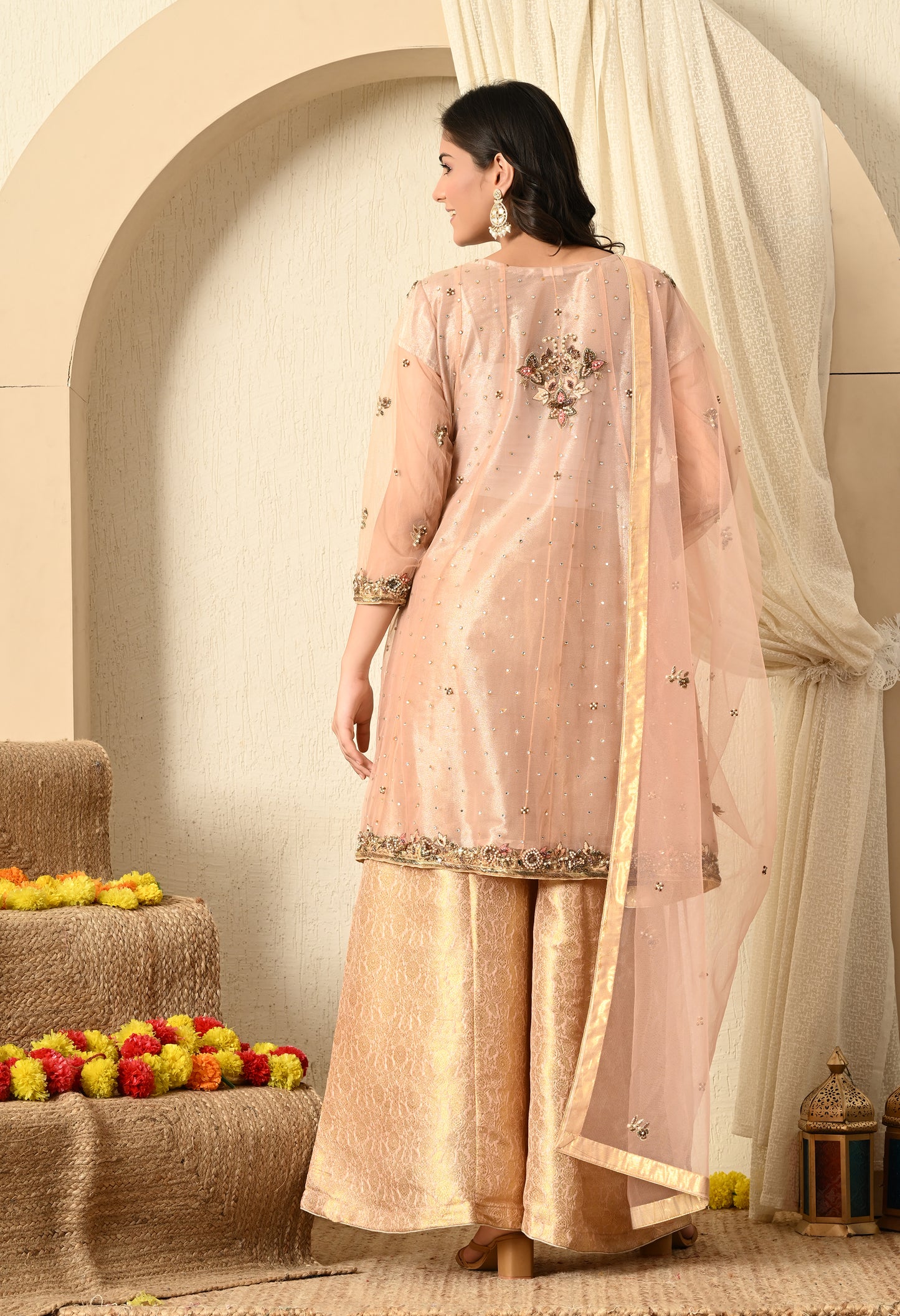 Peach Sharara Set with Zardozi, Thread, Sequence and Cutdana Work