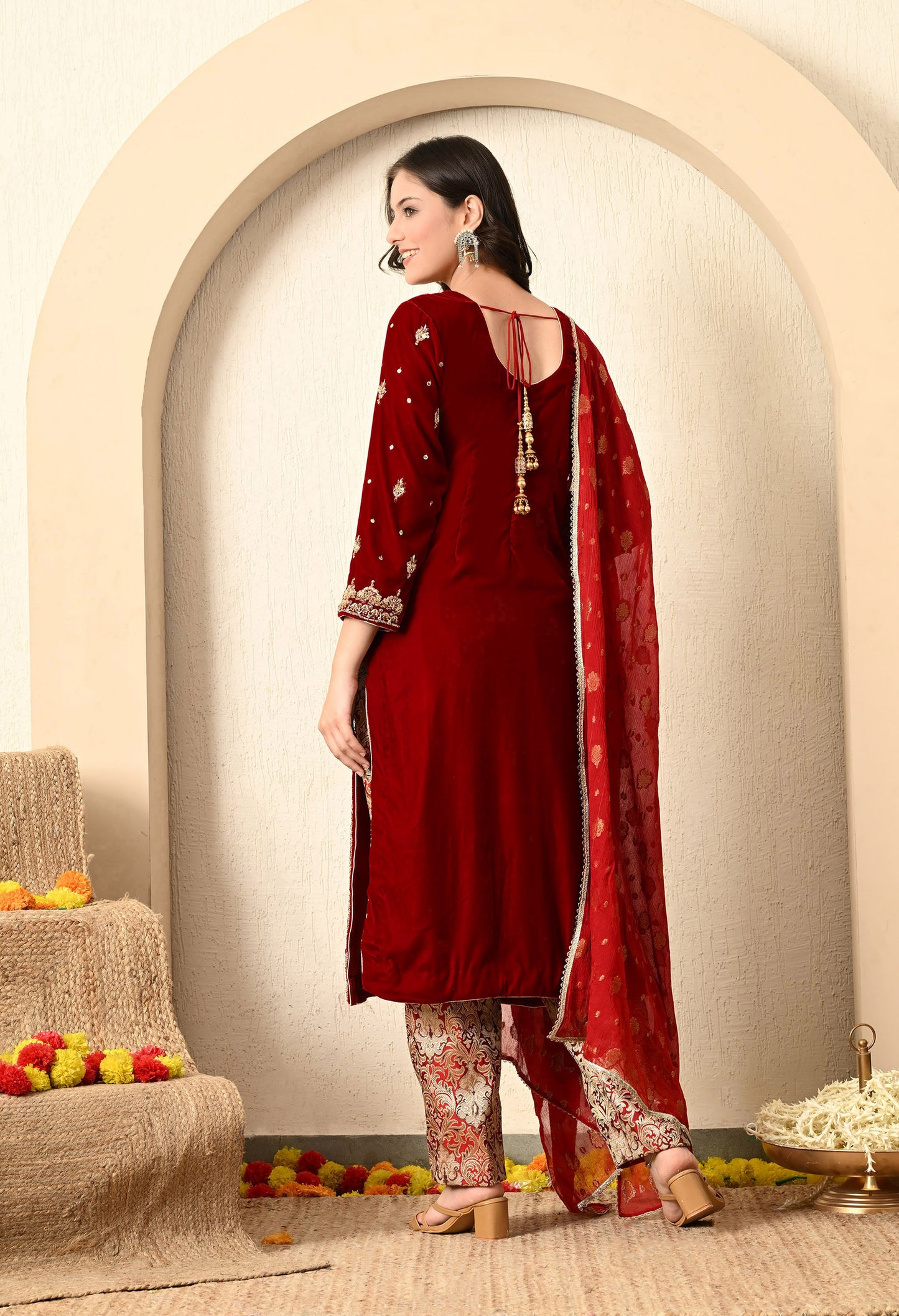 Maroon Red Kurta Set with Zardozi, Dabk, and Stone Work