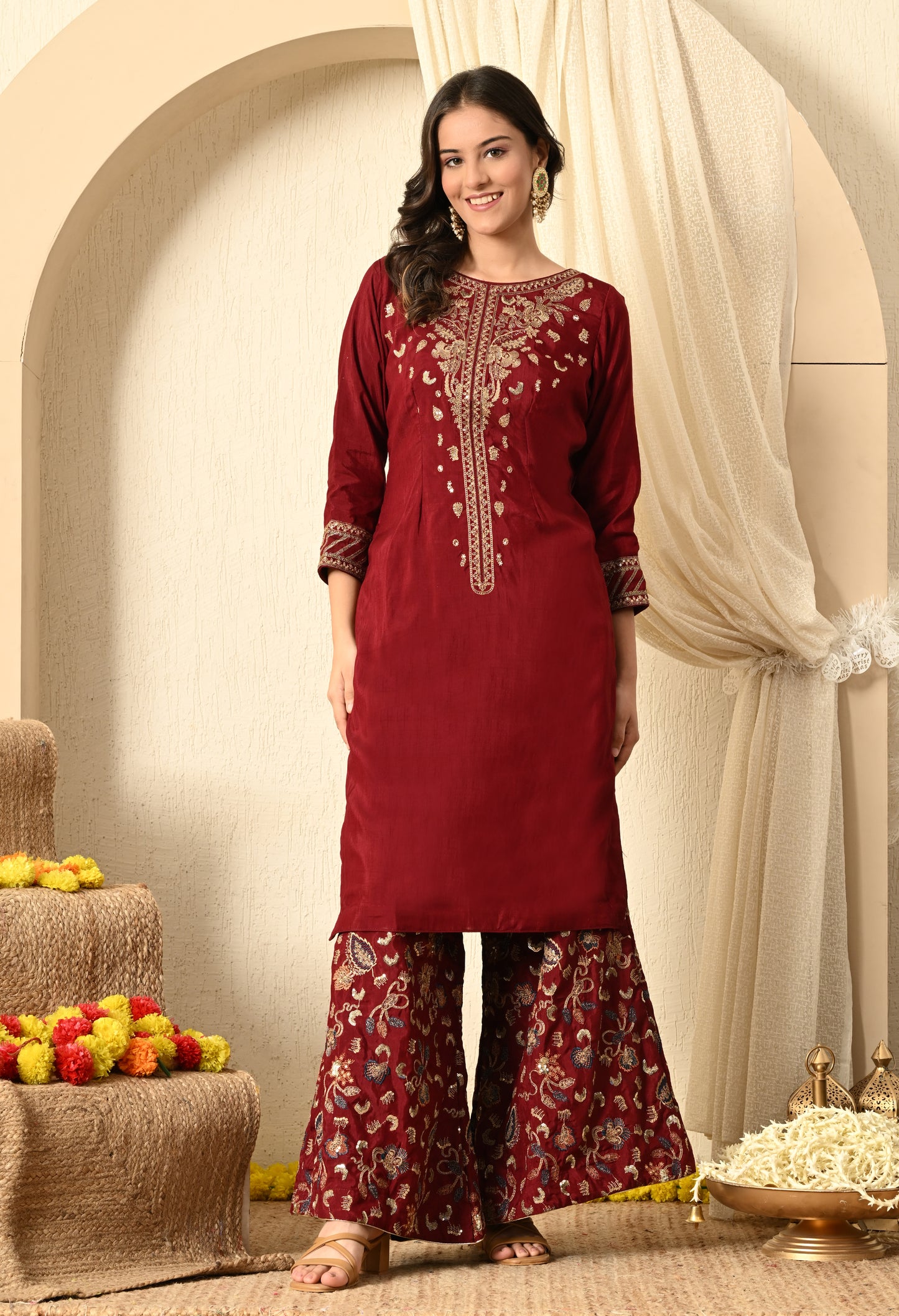 Red Maroon Sharara Set with Thread, Zari, and Sequence Work