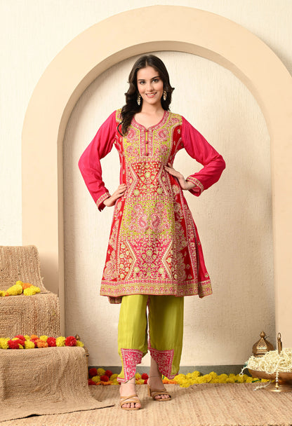 Green and Pink Kurta Set with Thread and Zari Work