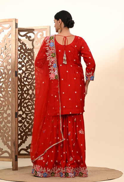 Vibrant Red Silk Sharara Set with Zardozi Embroidery, Thread, and Pearl Work