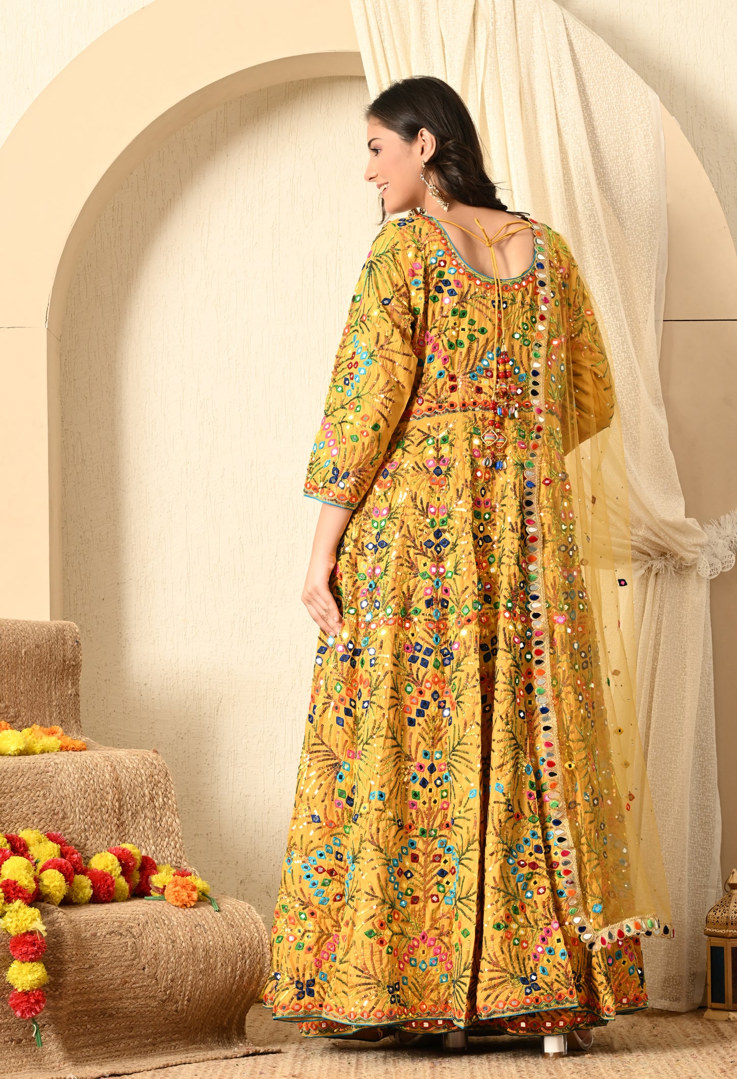 Yellow Lehnga ( With Jacket ) embroided with Thread, Mirror, and Sequence Work