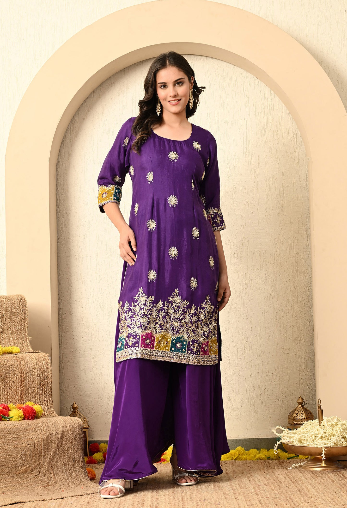 Bright Purple Kurta Set with Zardozi, Sequence, Cutdana, and Naqshi Work