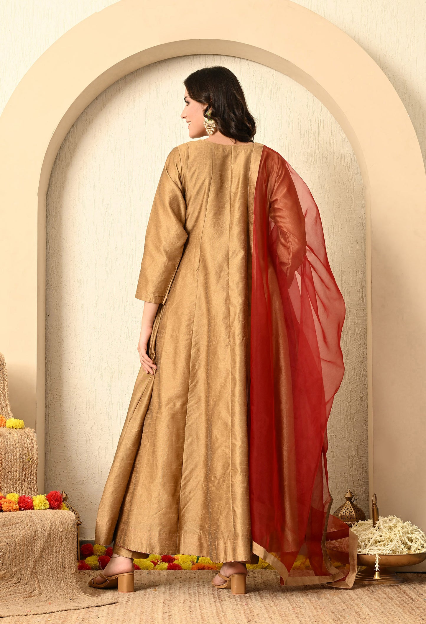 Golden Brown Anarkali Set with Zardozi, Thread, and Sequence Work