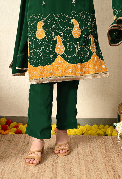 Bottle Green Kurta Set with Zardozi, Applique, and Sequence Work