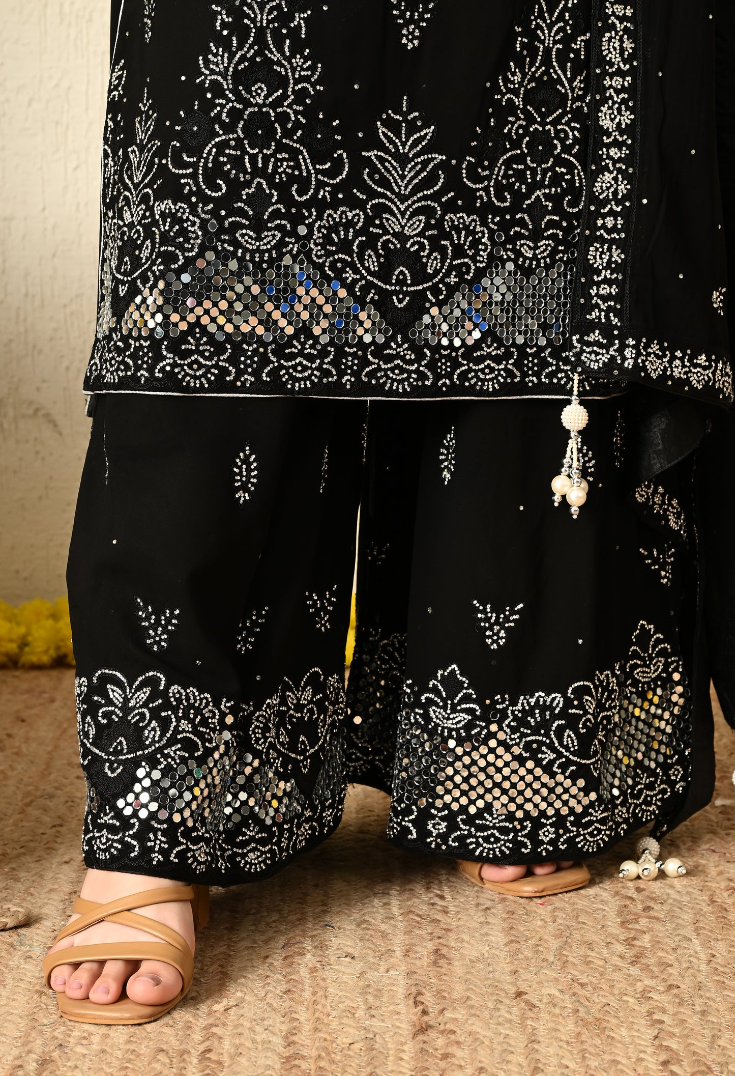 Black Sharara Set with Beautiful Thread and Mirror Work