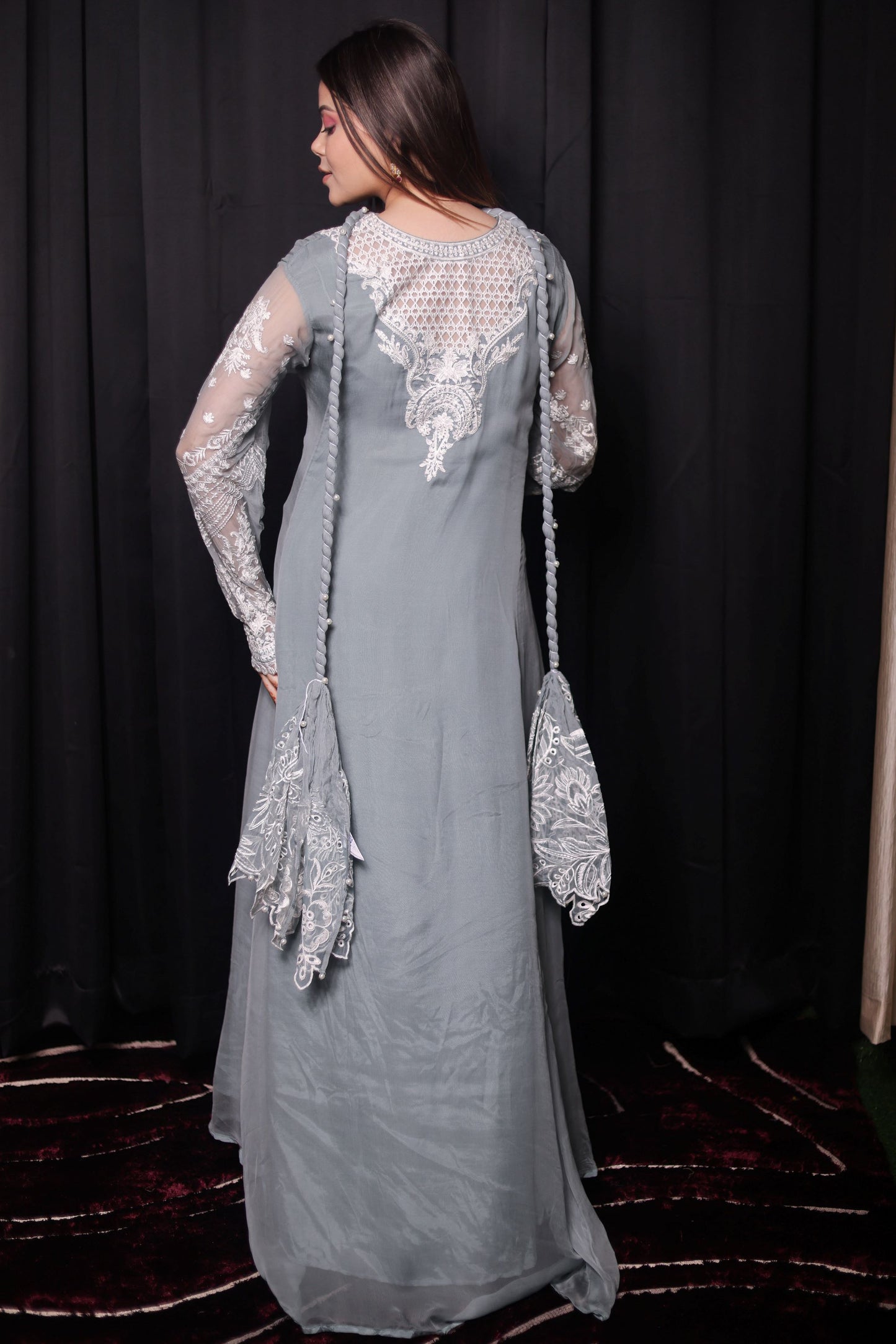 Exquisite Light Grey Sharara Set with Intricate Thread Work