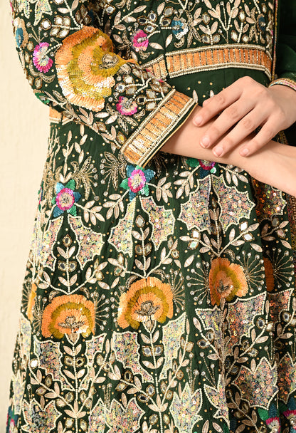 Bottle Green Anarkali with Zardozi, Sippy, Sequence, and Mirror Work