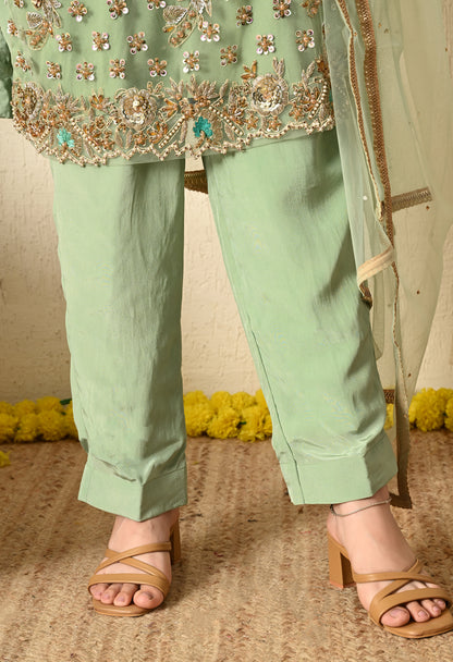 Light Green Kurta Set with Zardozi, Sequence, Pearl and Sippy Work