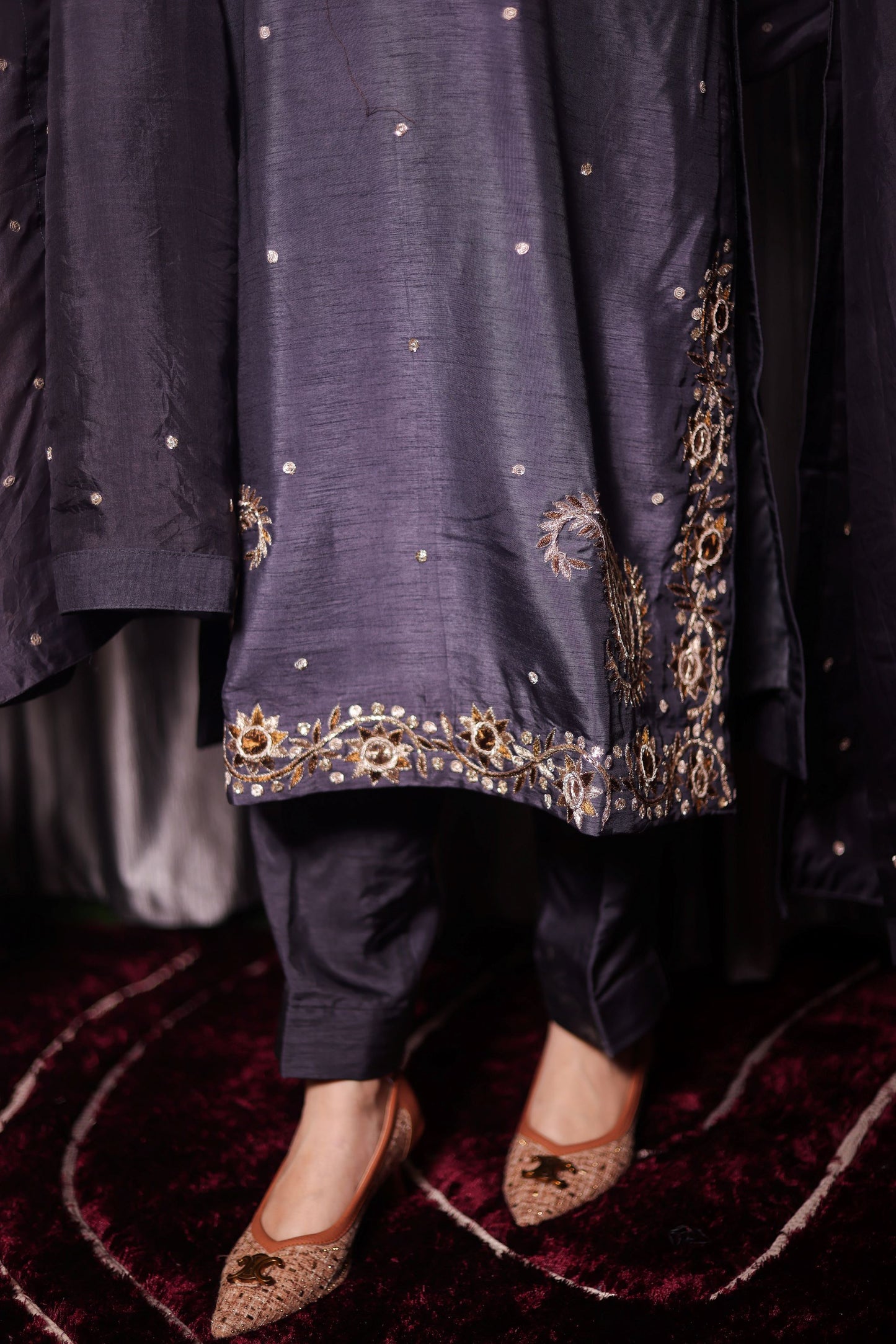 Subtle Dark Grey Kurta Set with Intricate Mukaish Work