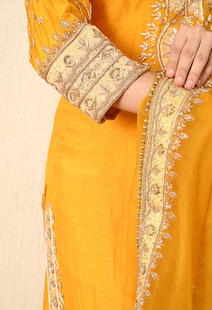 Saffron Yellow Kurta Set with Zardozi, Tilla, and Dabka Work