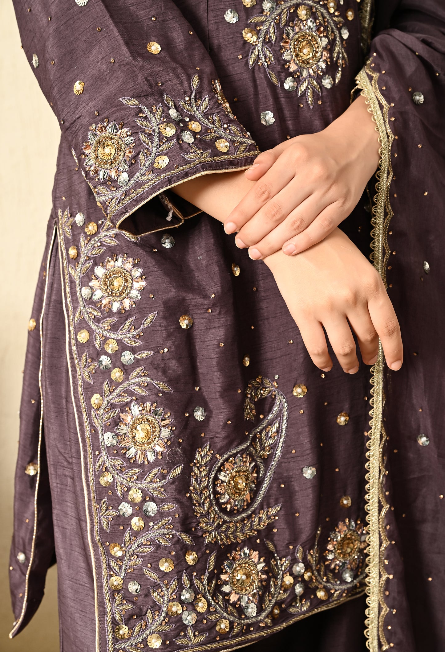 Purplish Grey Kurta Set with Mukaish, Zardozi and Sequence Work