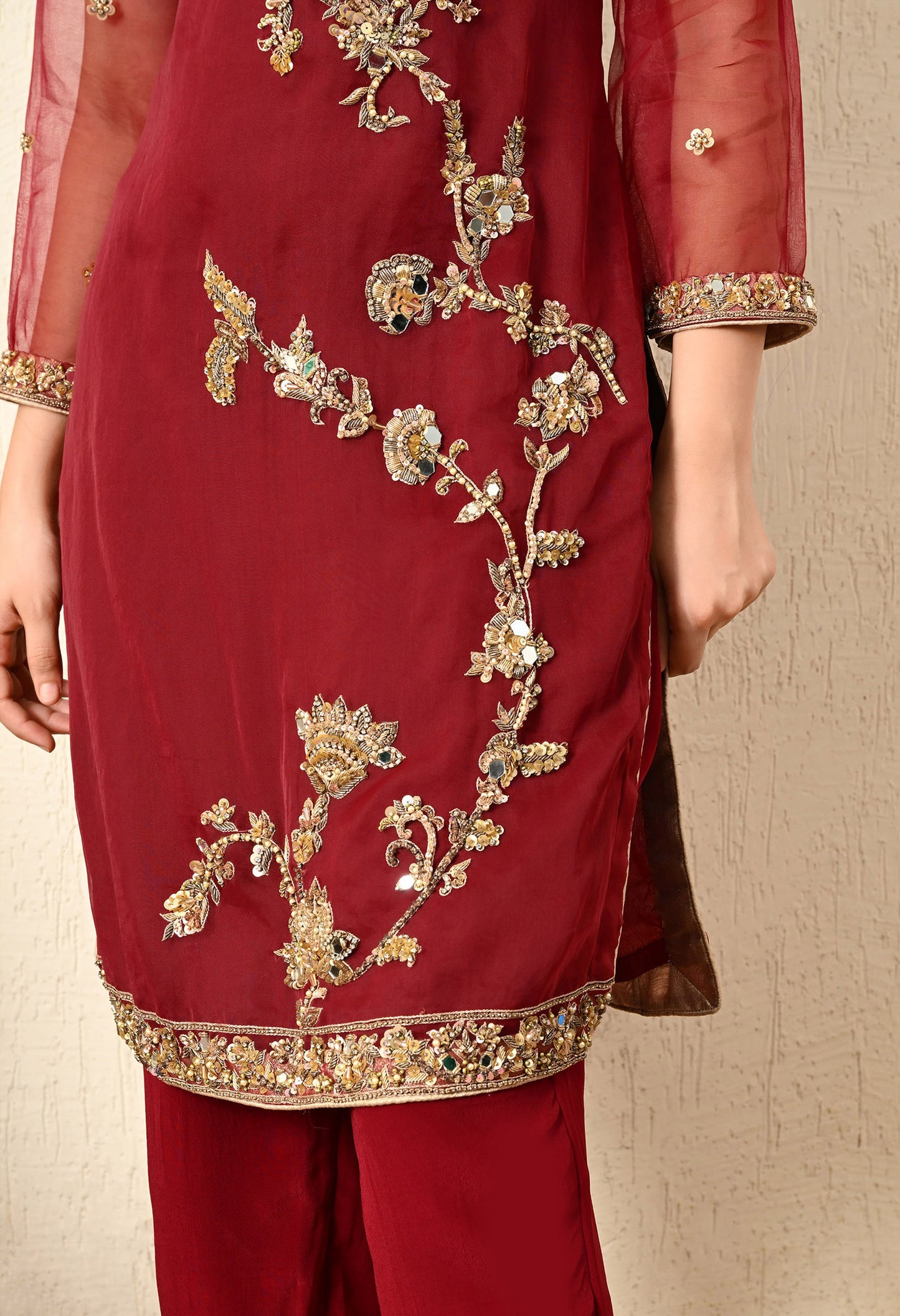 Maroon Red Kurta Set with Zardozi, Dabka, and Crystal Work