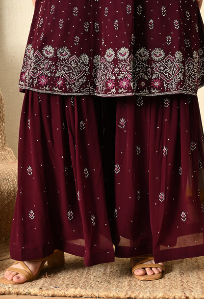 Dark Wine Sharara Set with Thread and Crystal Work